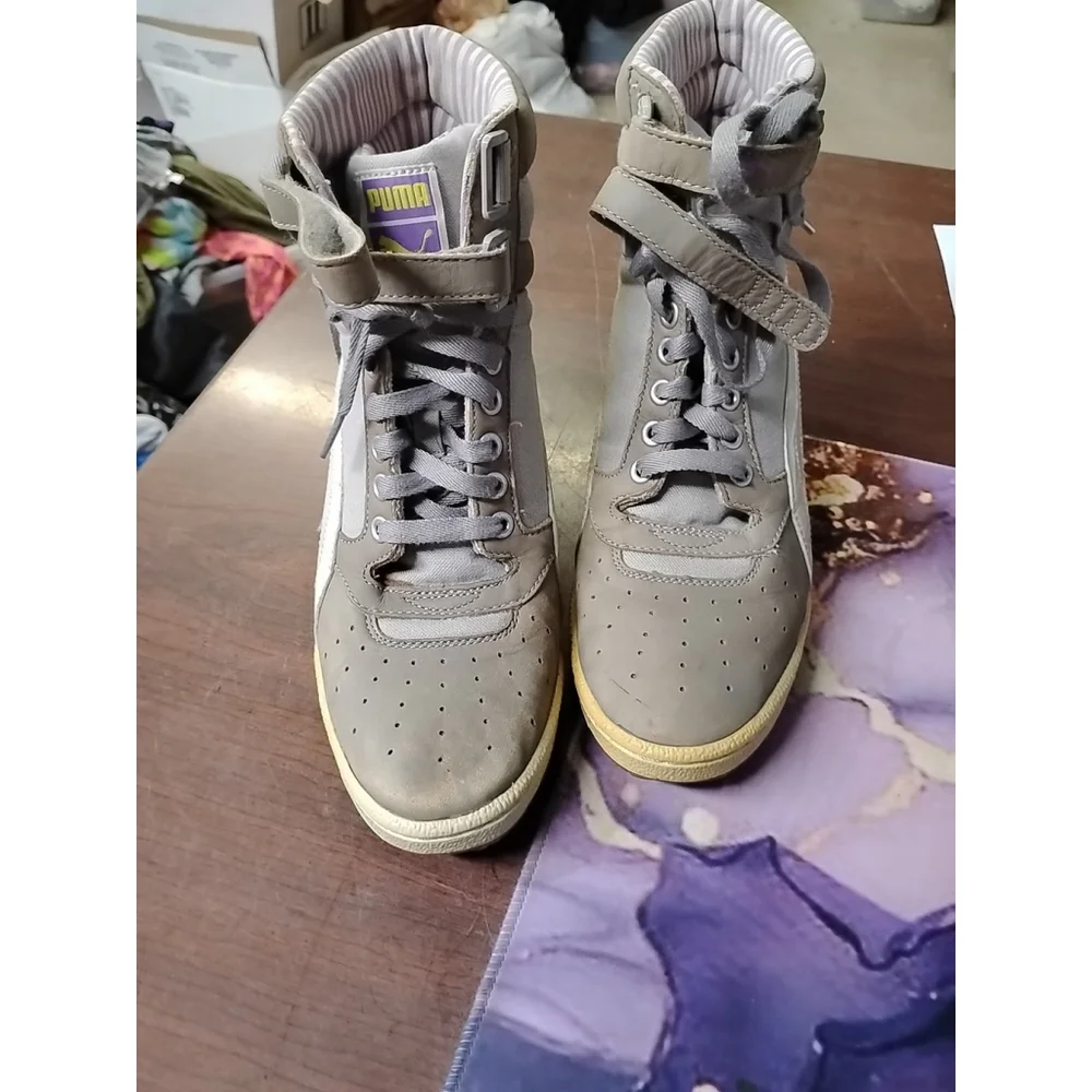 Puma Contact‎ Sky Sneaker Womens Size 6 Gray Suede Leather High Double Strap